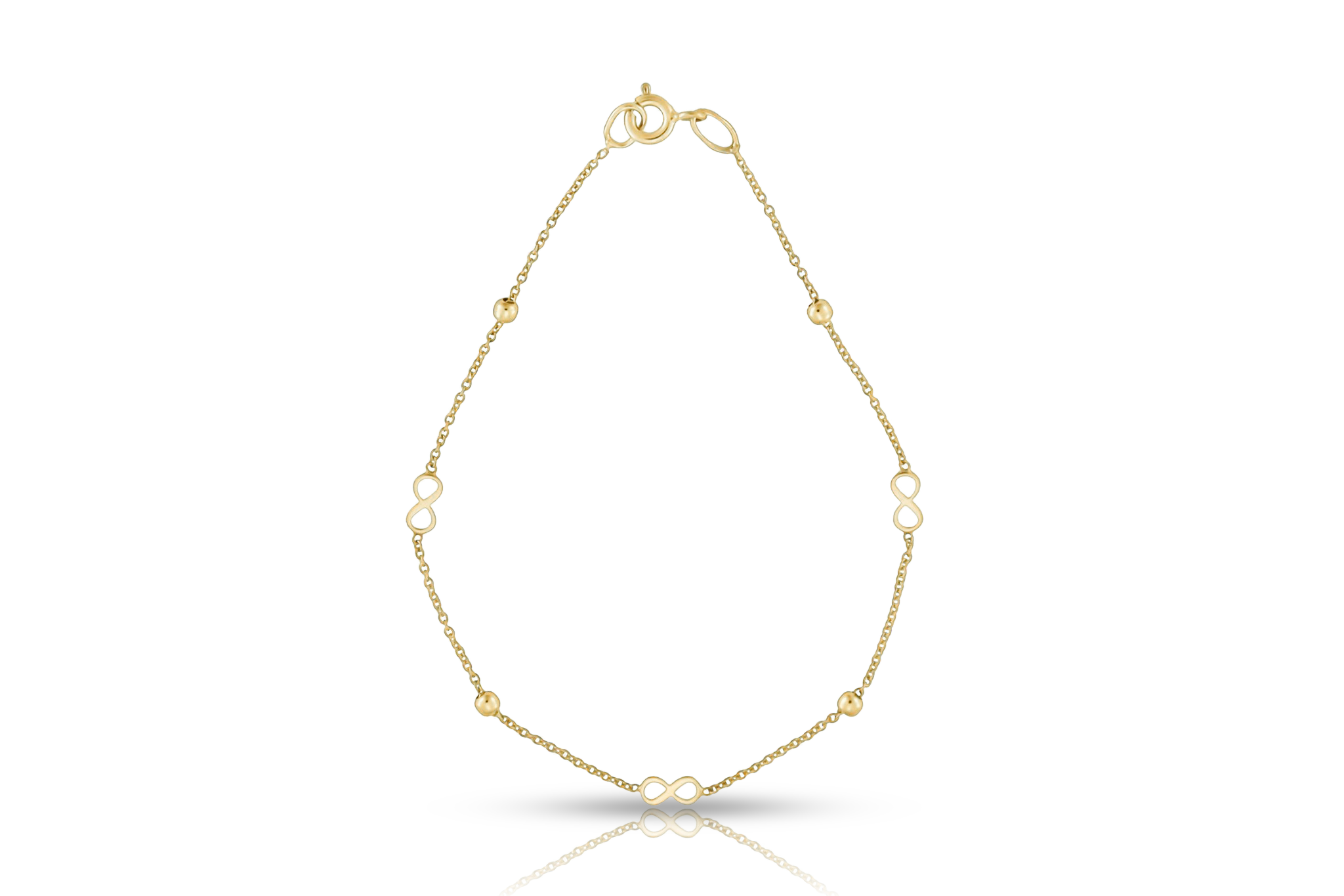 18K gold anchor chain bracelet with infinity symbol and ball beads, real gold women's jewelry