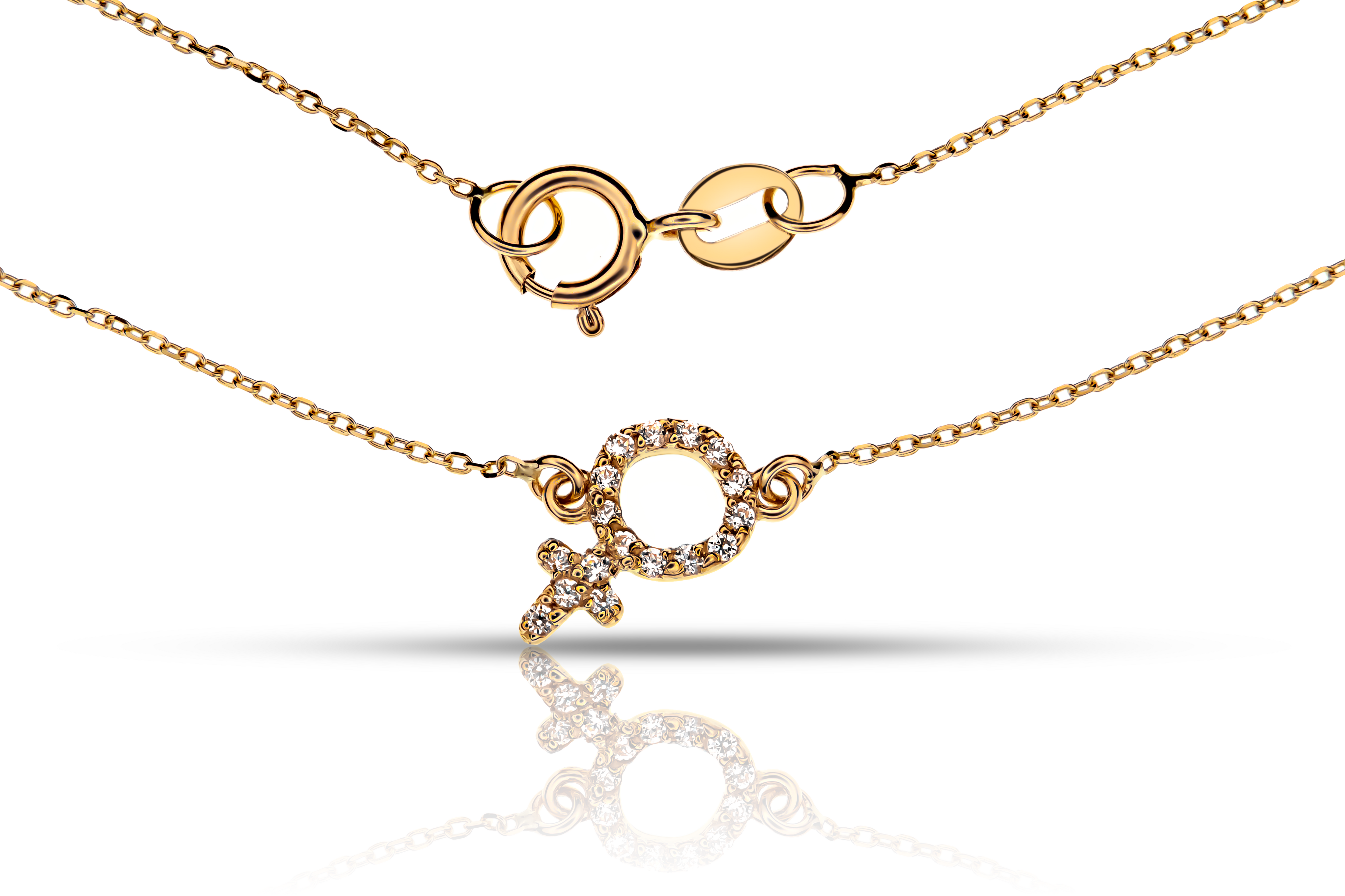 18K gold anchor chain bracelet with zirconia female symbol with spring ring clasp, close-up real gold women's jewelry