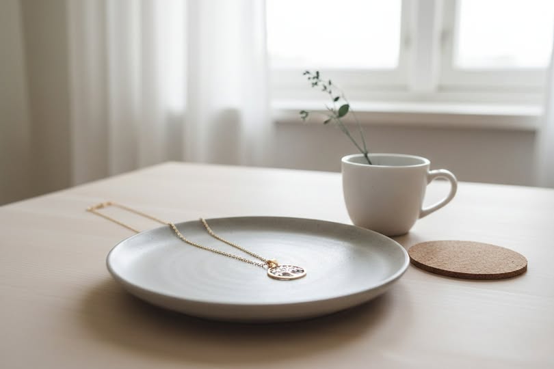 18K gold anchor chain necklace with tree of life pendant on plate – lifestyle photo