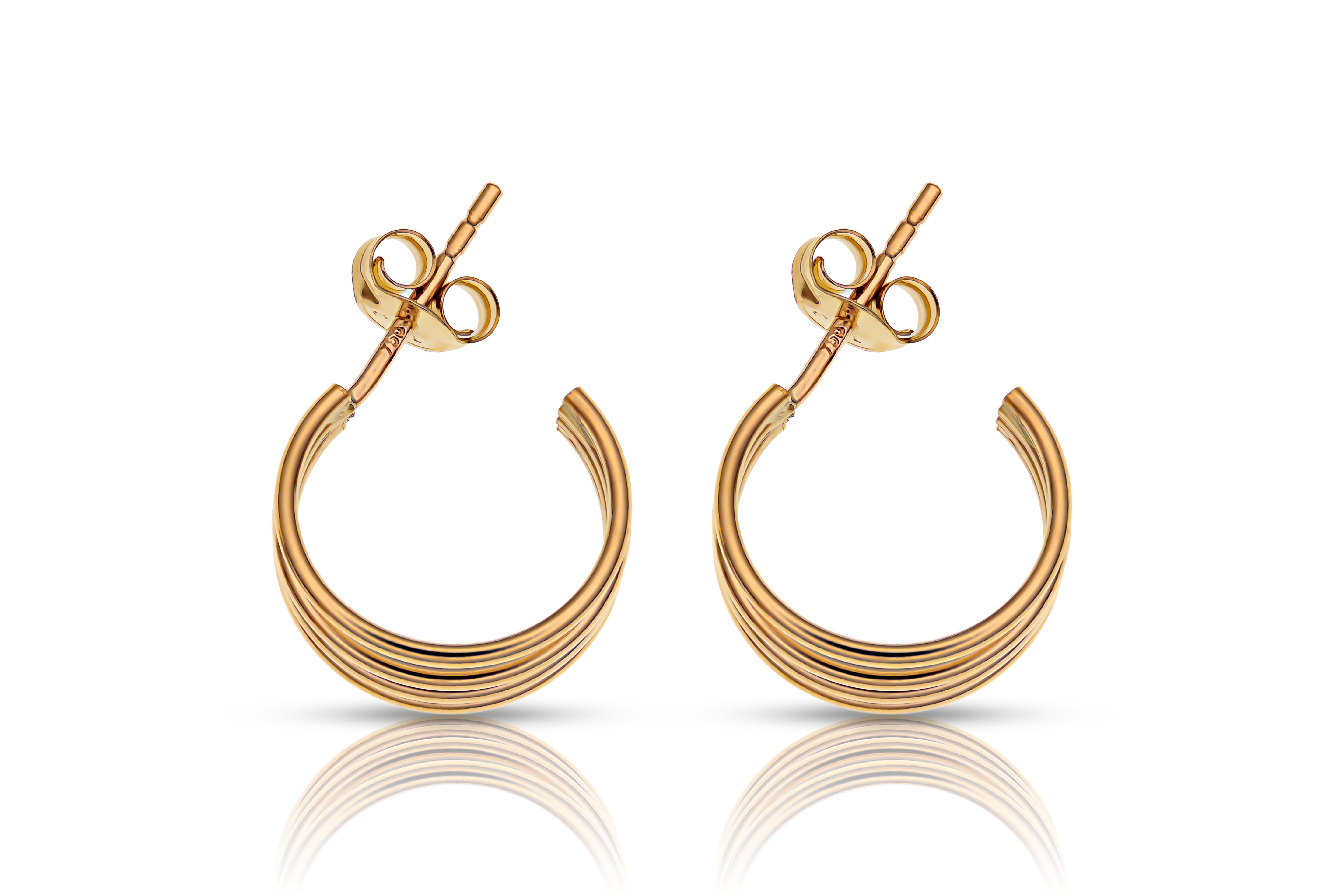 18K guldörhängen halvcreoler flerradig studs, framifrån äkta guld dam