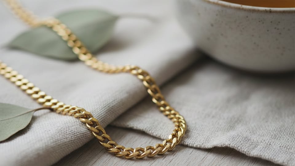 18K gold curb chain bracelet on linen fabric – lifestyle photo
