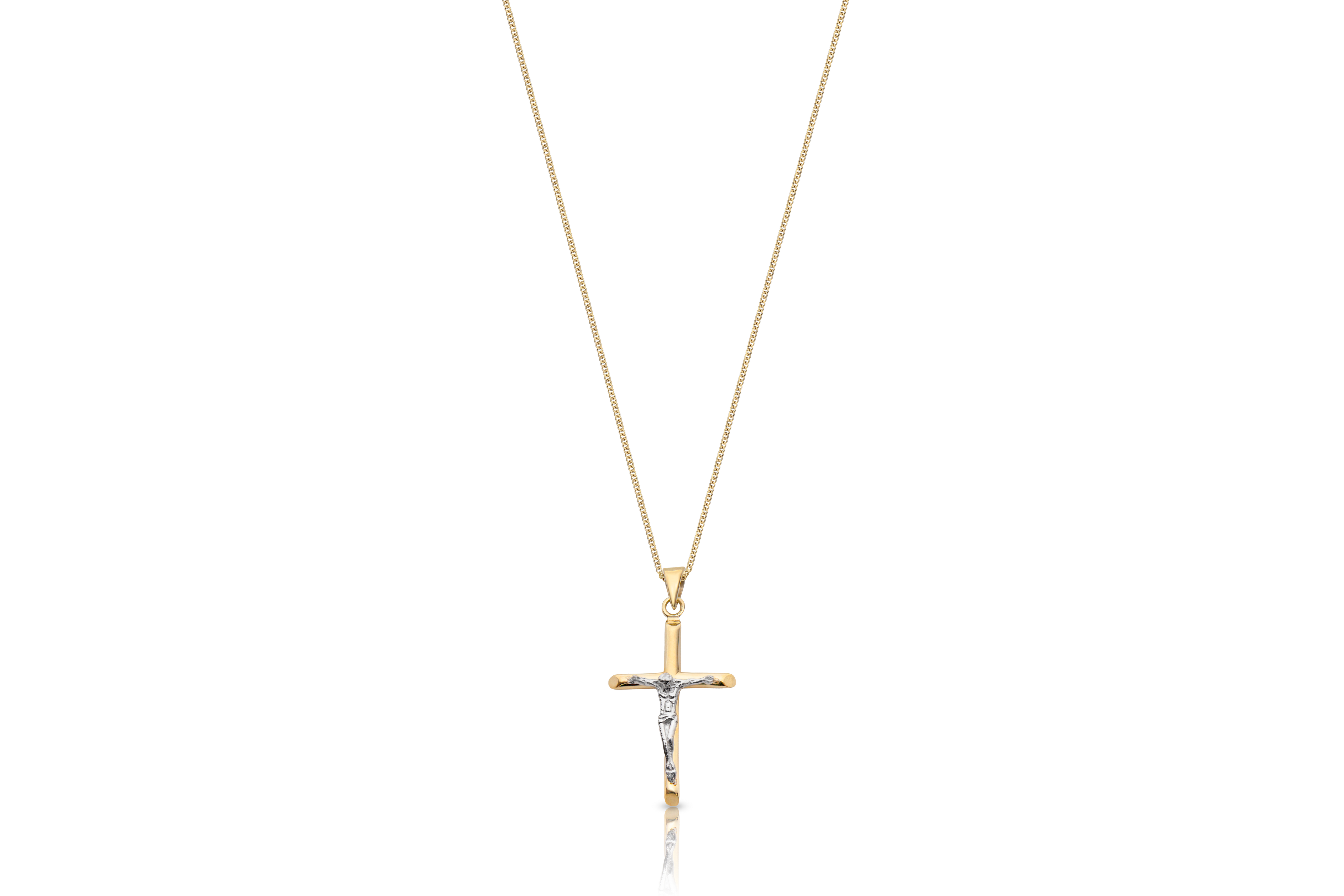18K gold curb chain necklace with two-tone crucifix pendant, real gold jewelry