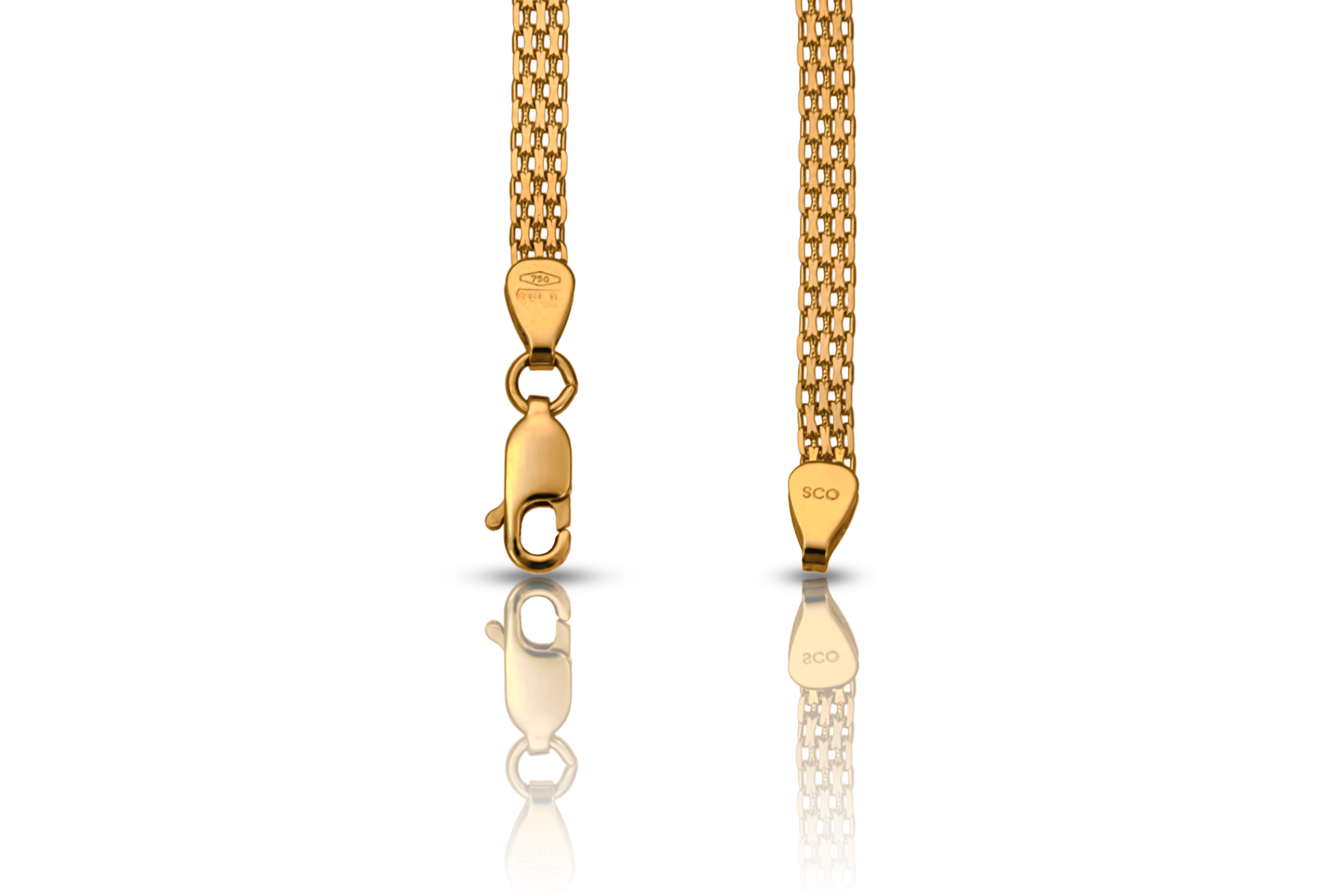 18K gold x-link bracelet with lobster clasp, close-up real gold jewelry