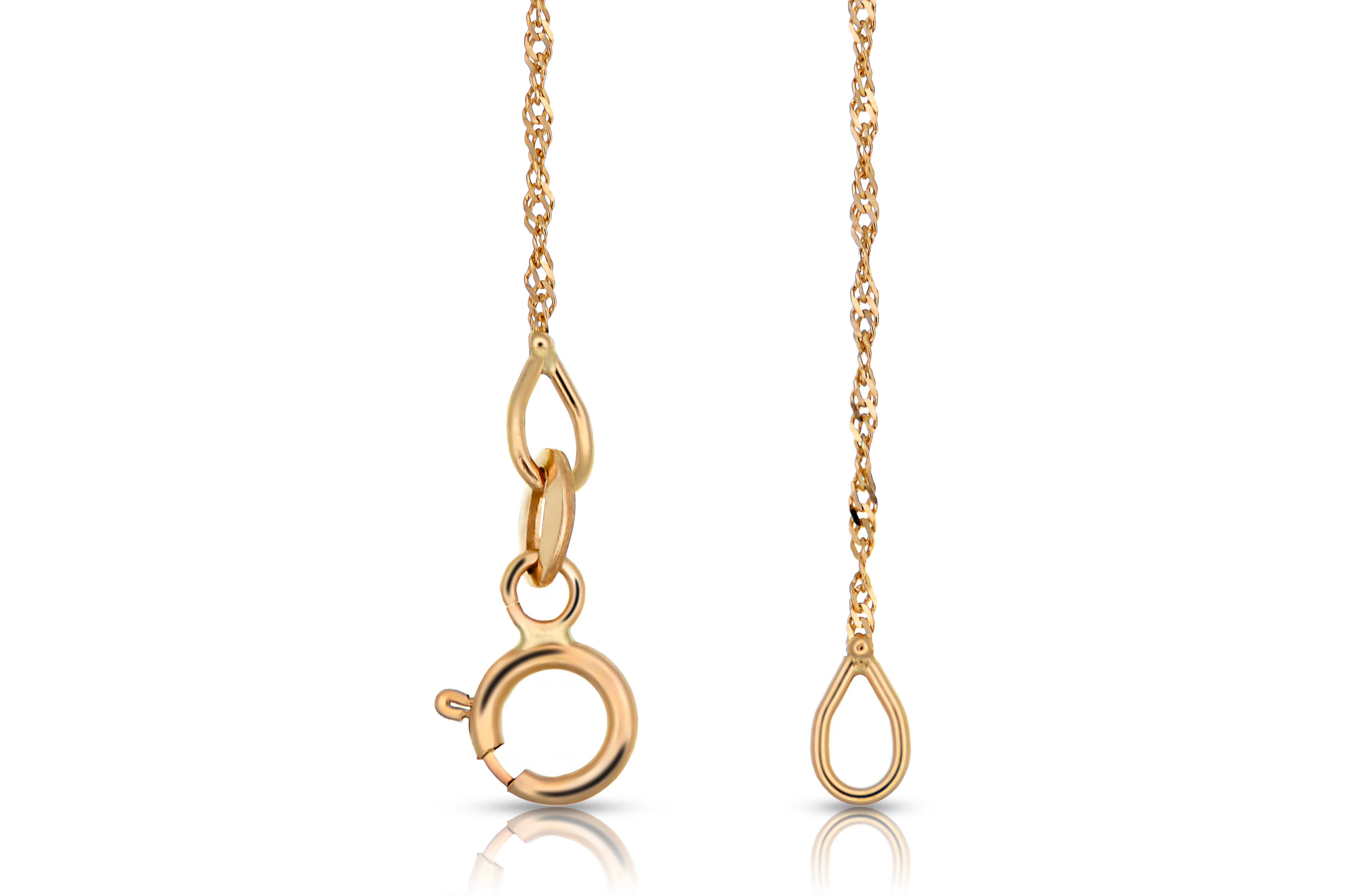 Thin 18K gold Singapore chain necklace with spring ring clasp, close-up real gold women's jewelry
