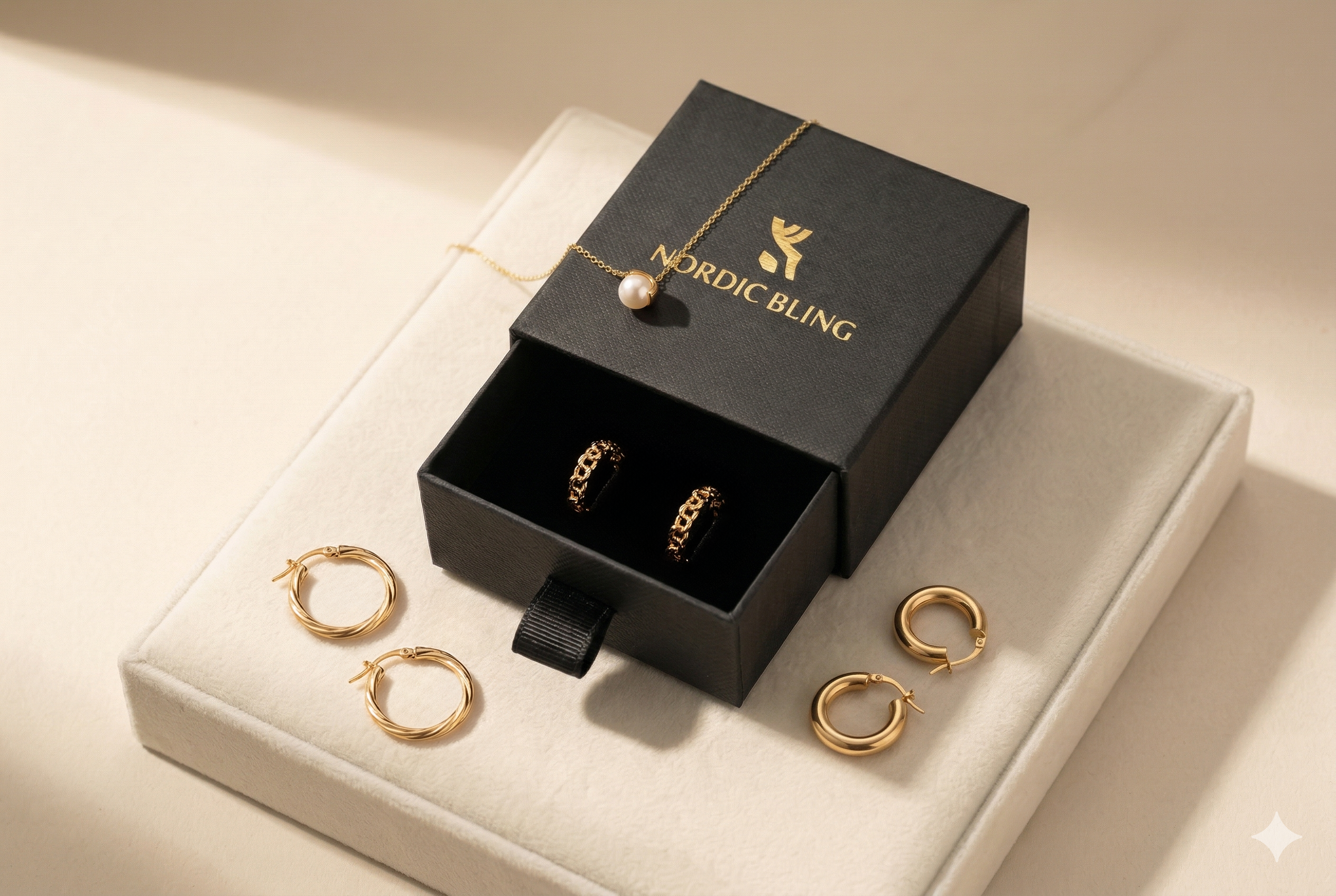 Nordic Bling jewelry box with 18K gold hoop earrings and pearl necklace