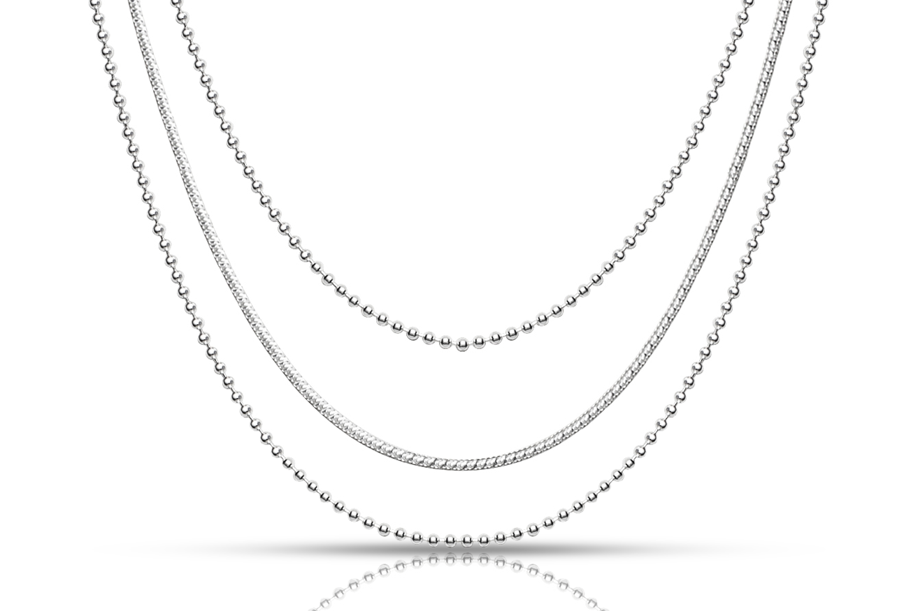 Silverhalsband trerådigt med kullänk och pressad pansarkedja, närbild äkta silver dam