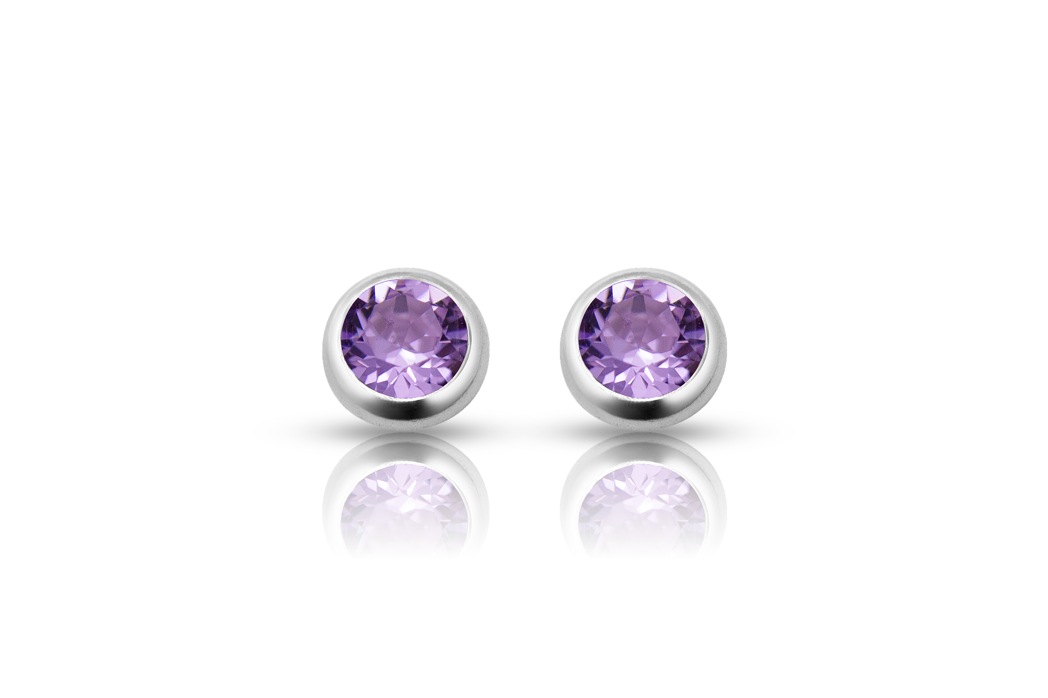 Silver purple zirconia stud earrings, front view real silver women's jewelry