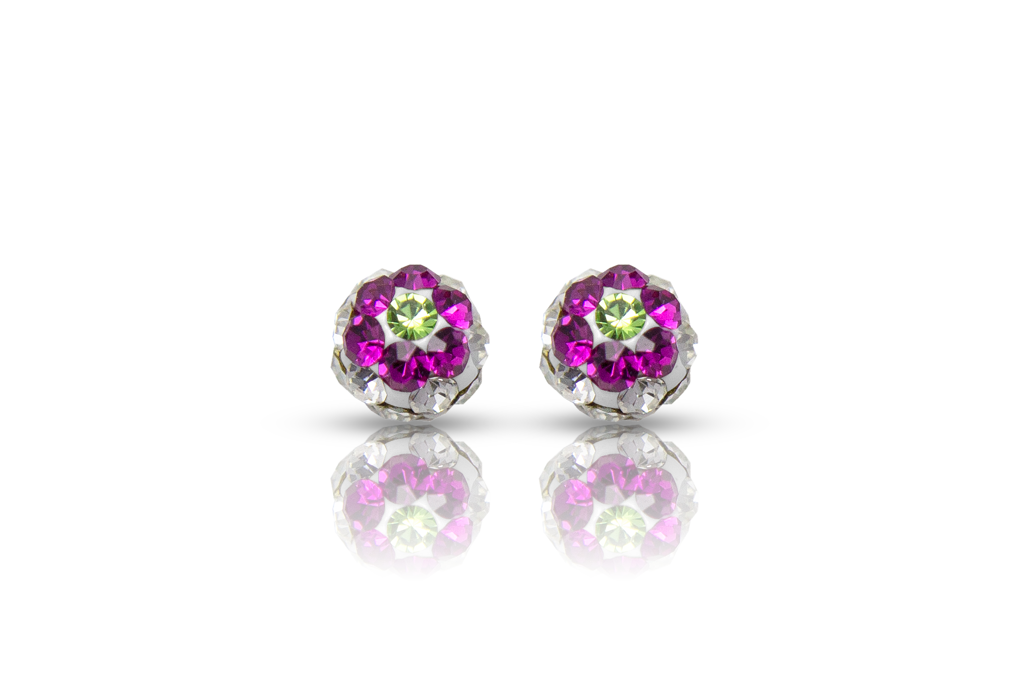 Silver red crystal stud earrings, front view real silver women's jewelry