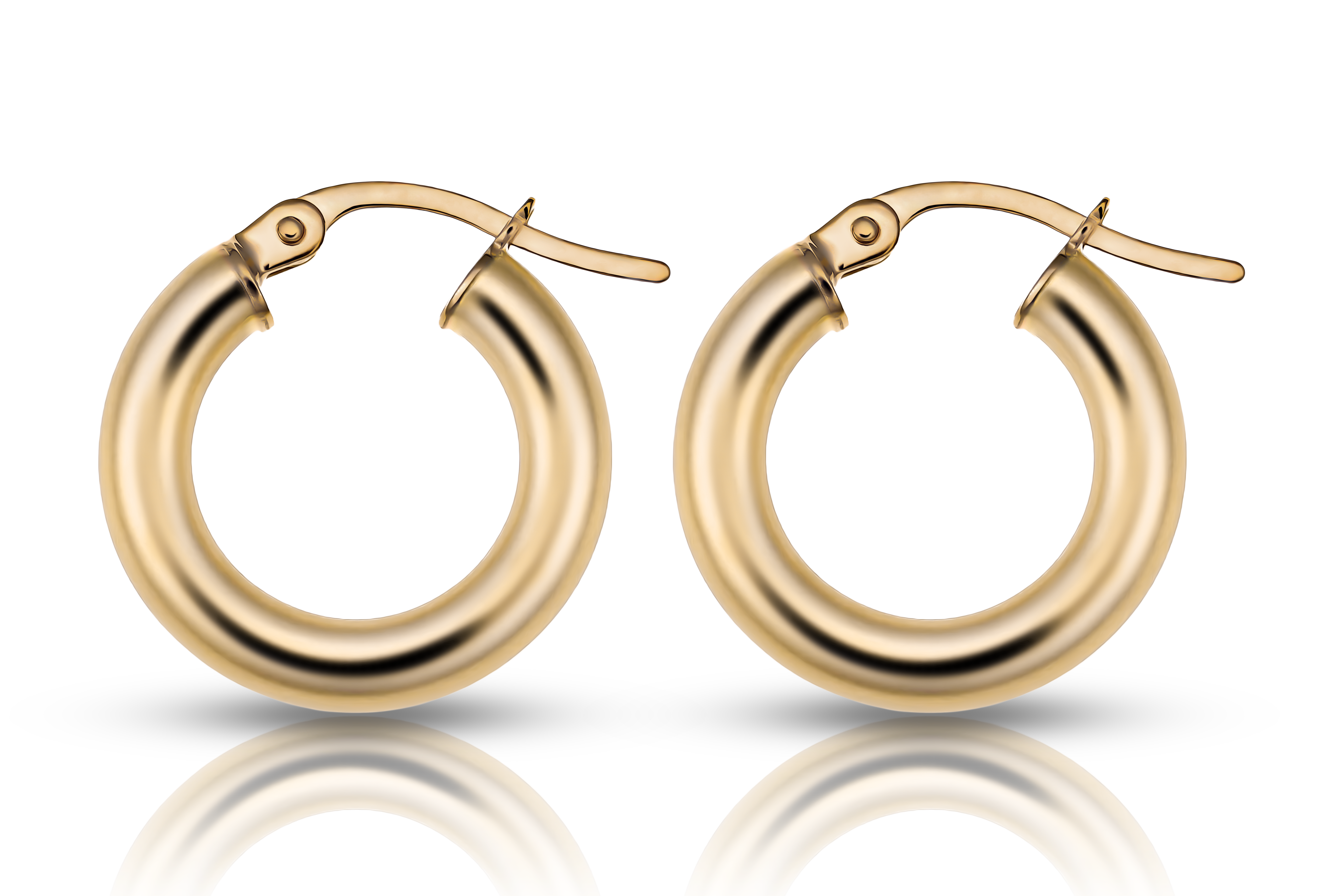 14K gold thick tube hoop earrings, front view real gold women's jewelry