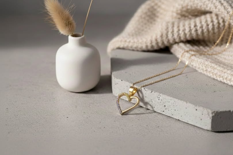 18K gold anchor chain necklace with zirconia heart pendant on concrete – lifestyle photo
