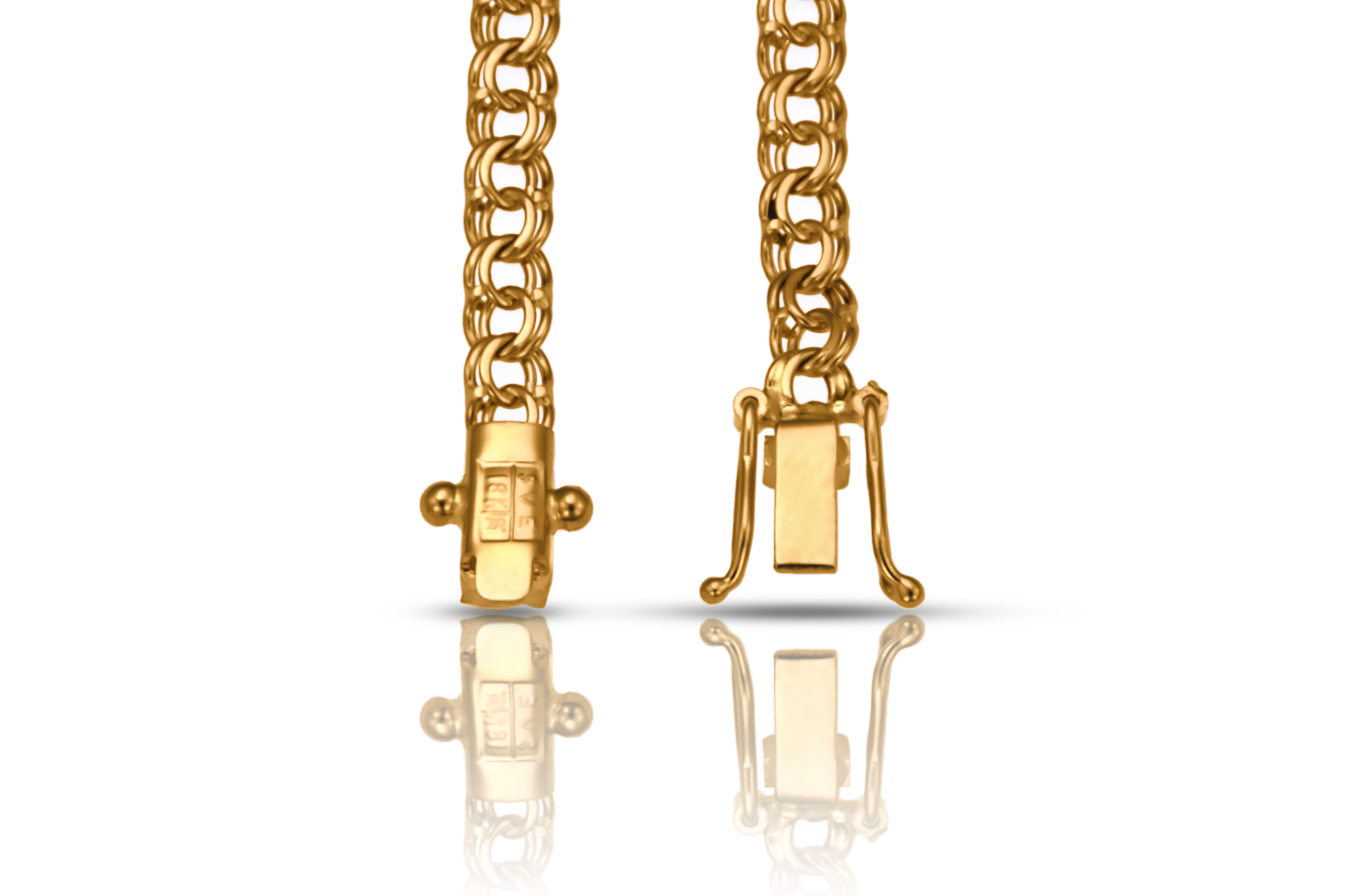 18K gold bismarck bracelet with box clasp, close-up real gold jewelry