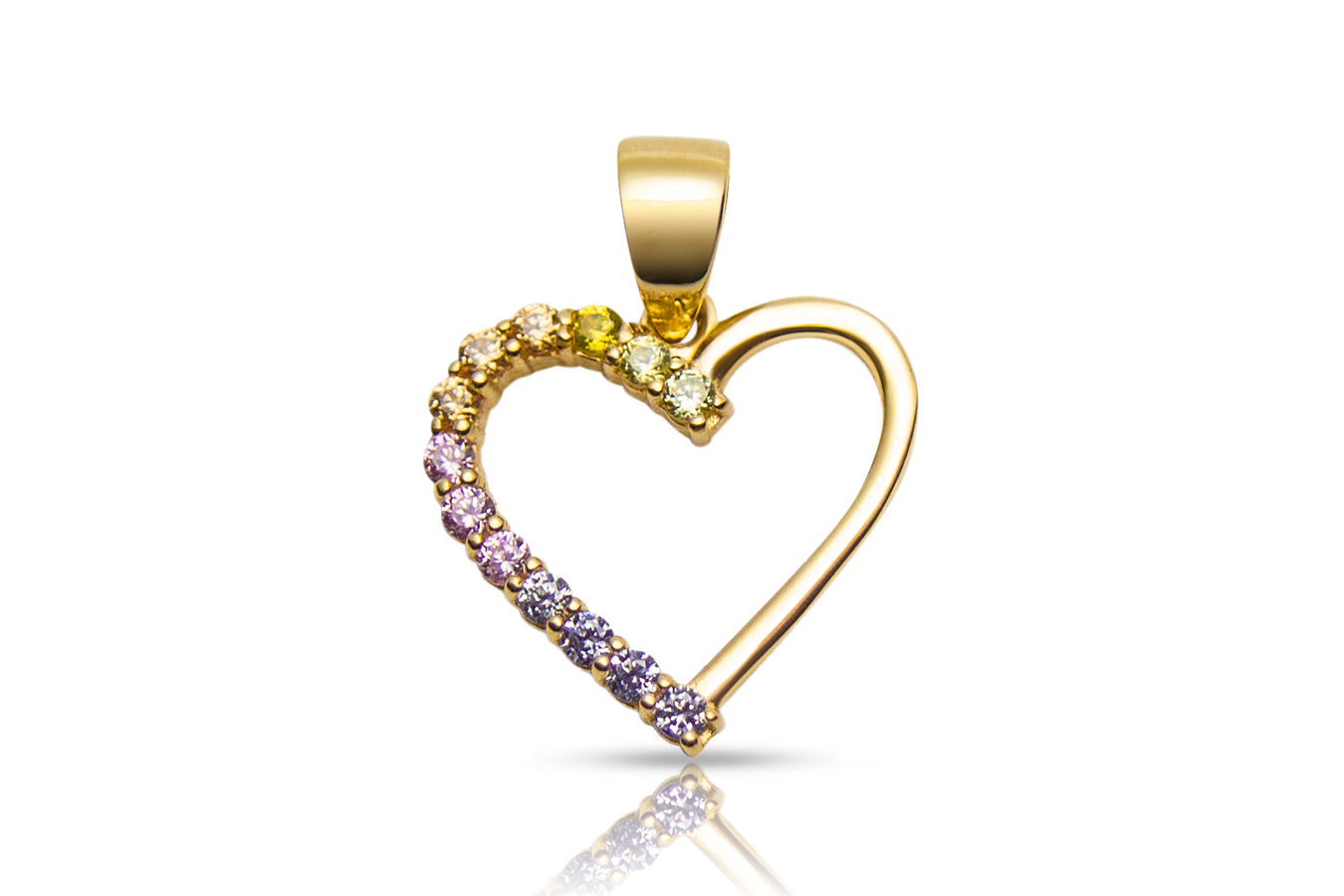 18K gold open heart pendant with rainbow zirconia, real gold women's jewelry