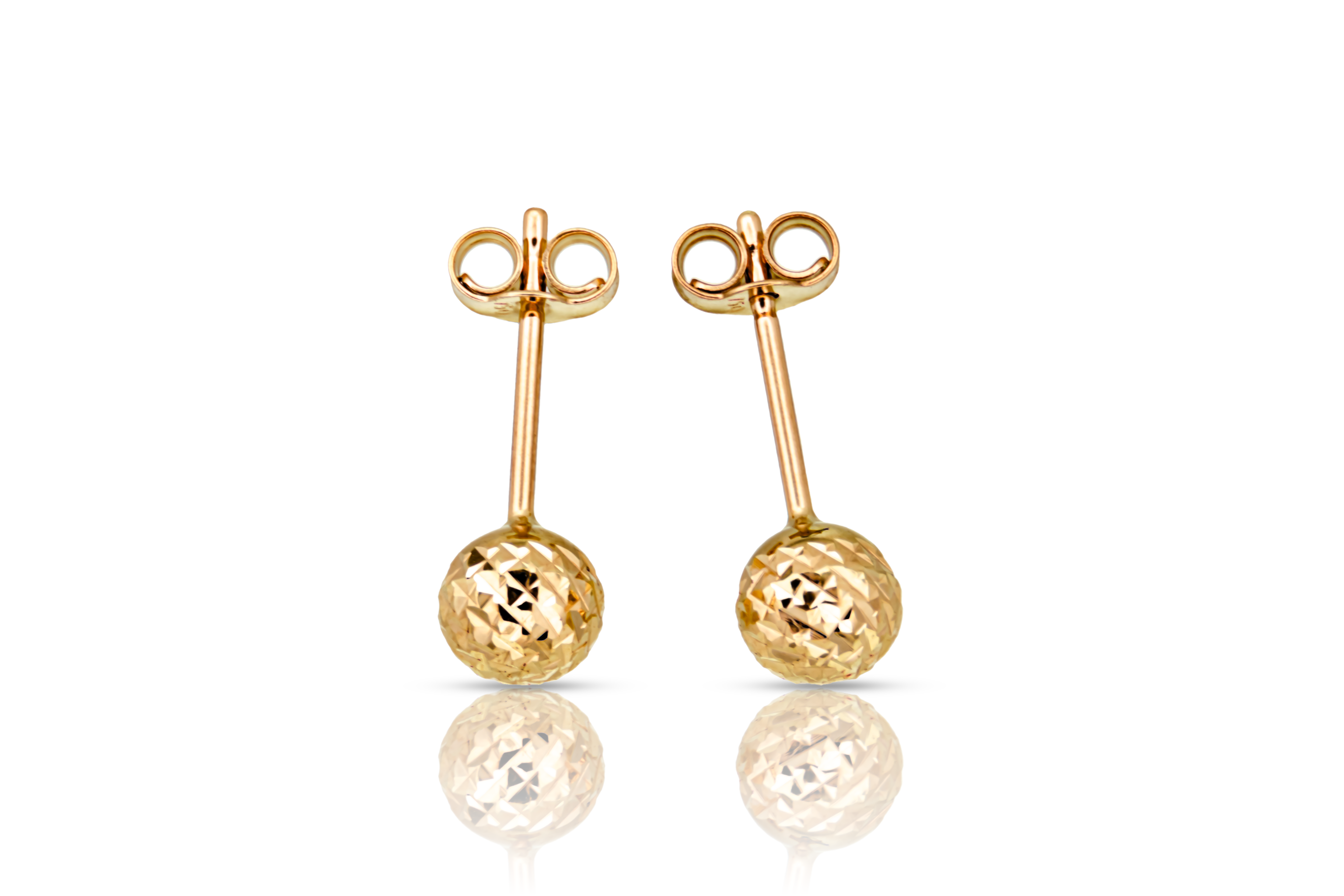 18K gold faceted ball stud earrings, real gold women's jewelry