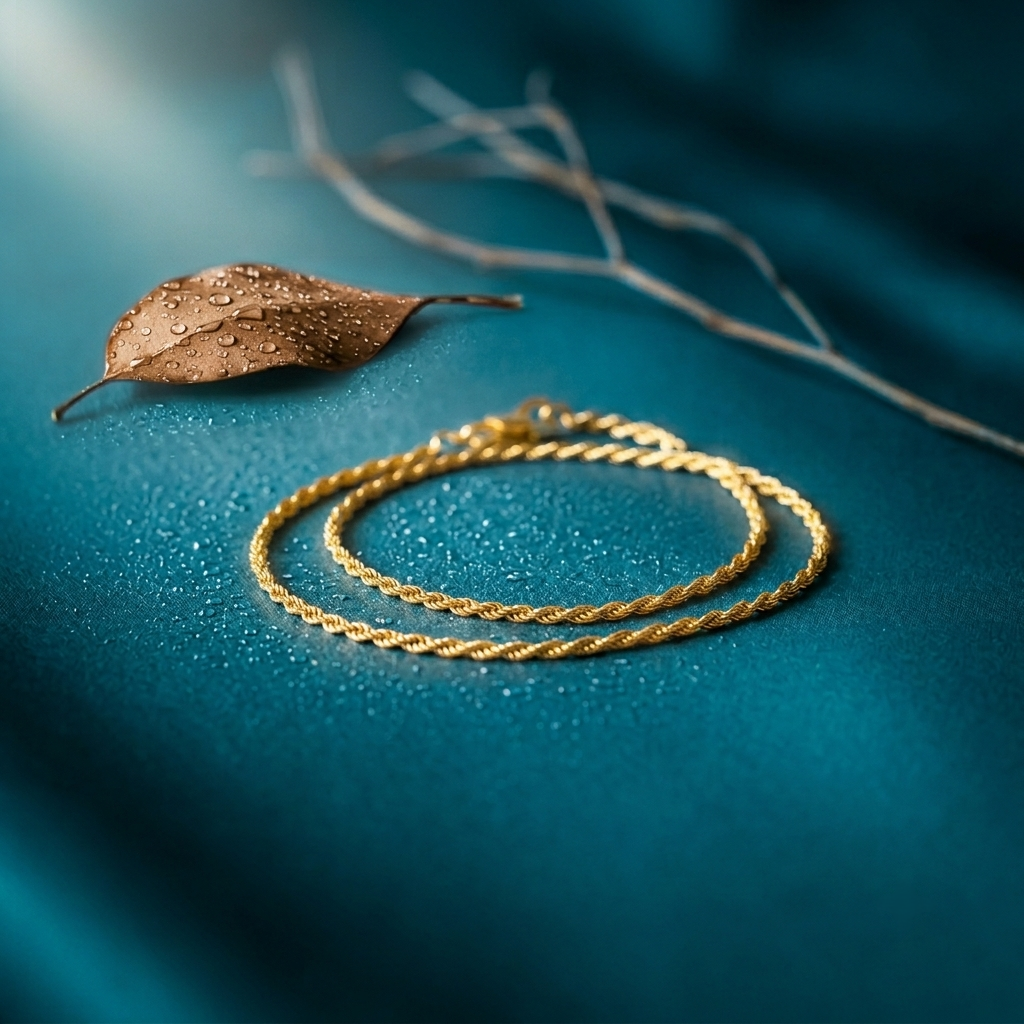 Twisted gold rope (cordell) bracelet on blue fabric with a leaf and twigs, Scandinavian design from Nordic Bling.