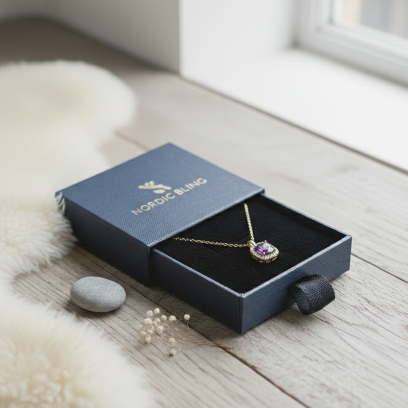 Nordic Bling jewelry gift box with 18K gold necklace and amethyst pendant
