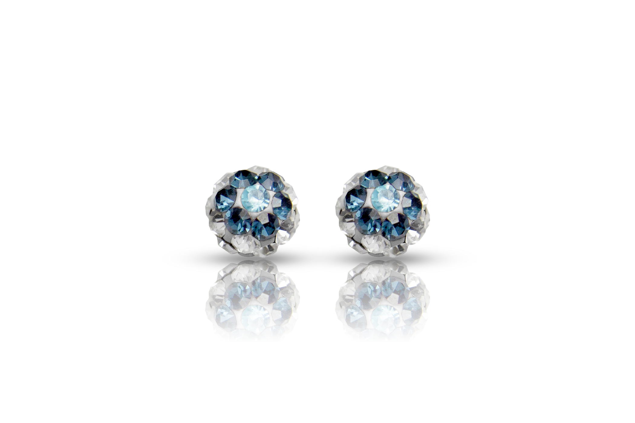 Silver blue crystal stud earrings, front view real silver women's jewelry